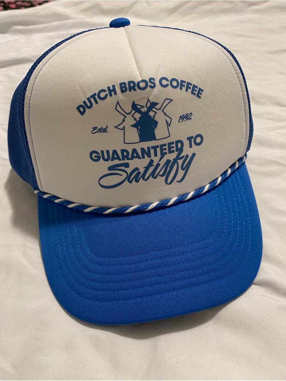 Dutch Bros White and Blue Rope-Trim Trucker Hat